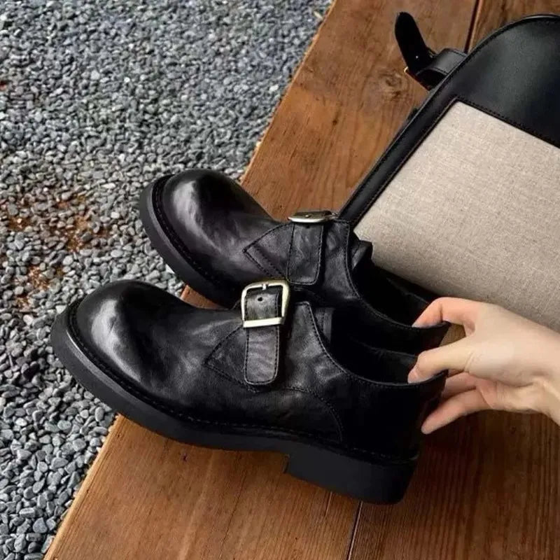 Women's Soft Round Toe Leather Loafers – Buckle Strap Flats Women's Loafers Axl