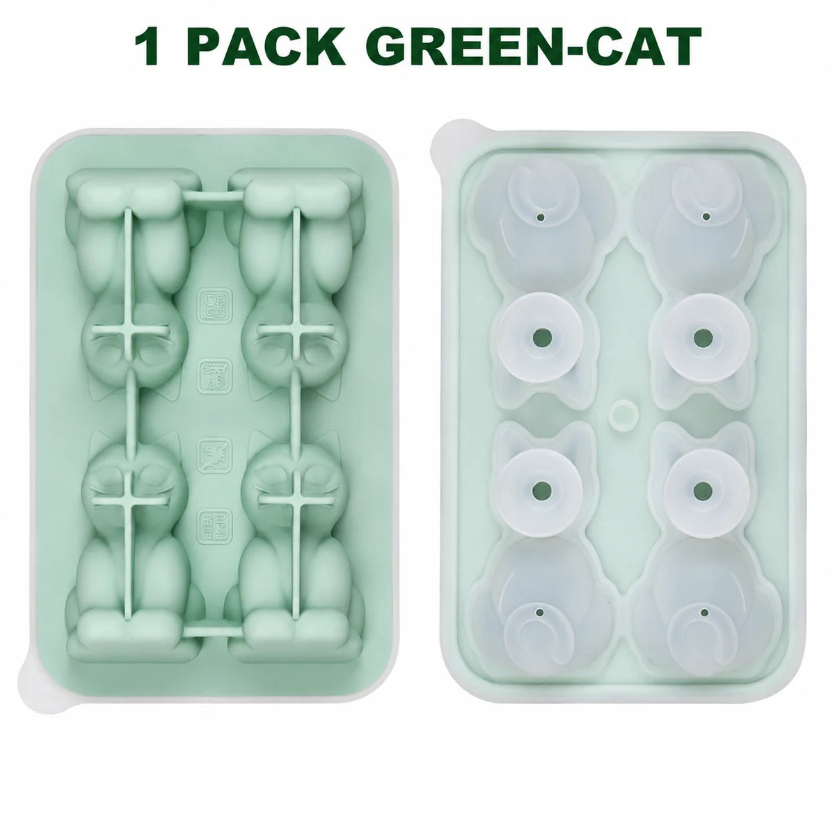 4-Cavity 3D Cat Silicone Ice Cube Tray Mold with Funnel Silicone Ice Cube Mold Axl 1 Pack Green-Cat