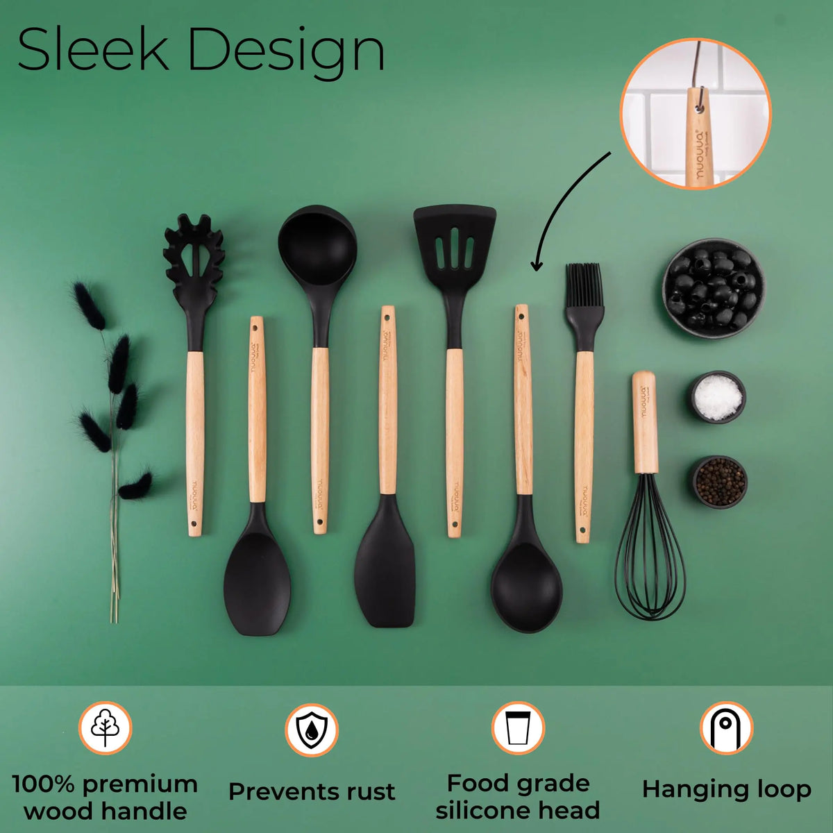 35-Piece Silicone Kitchen Utensil Set – Wooden Handle Cookware Silicone Utensil Set Axl