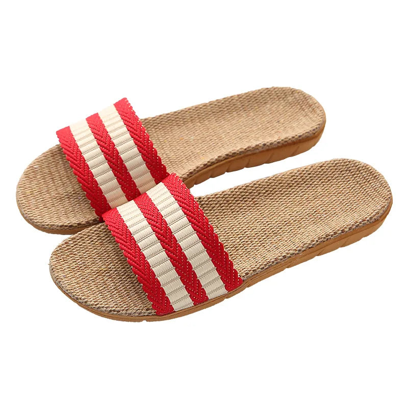 Striped Linen Slippers – Non-Slip EVA Breathable Indoor Sandals Linen Indoor Slippers Axl