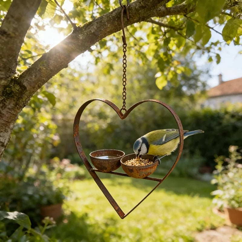Rusty Metal Heart Double Bowl Bird Feeder – Vintage Garden Décor Bird Feeder Axl