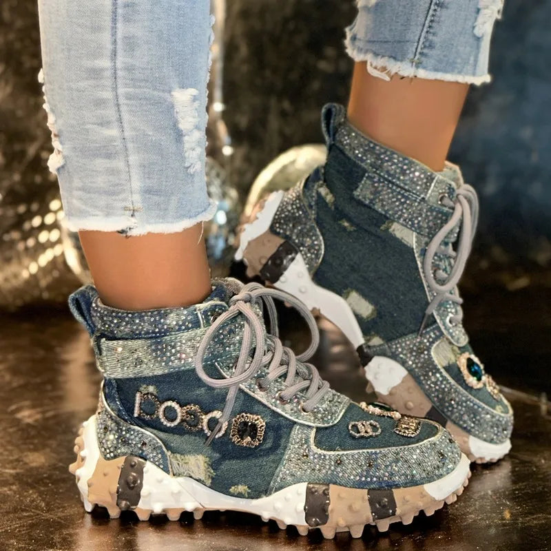 Women's Rhinestone High-Top Sneaker Boots – Thick Sole High-Top Sneaker Boots Axl