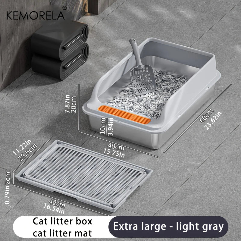 KEMORELA XL Stainless Steel Cat Litter Box with Anti-Splash Mat Cat Litter Box Axl Light gray 60cm