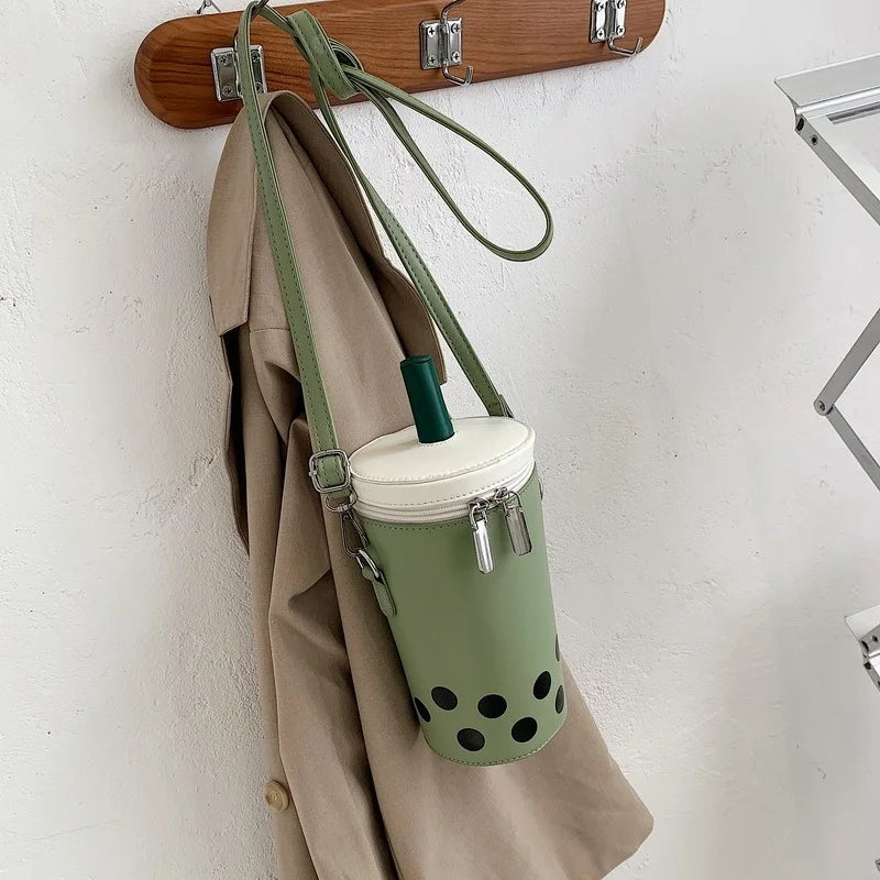 Cartoon Milk Tea PU Bucket Crossbody Bag for Women Crossbody Bucket Bag Axl