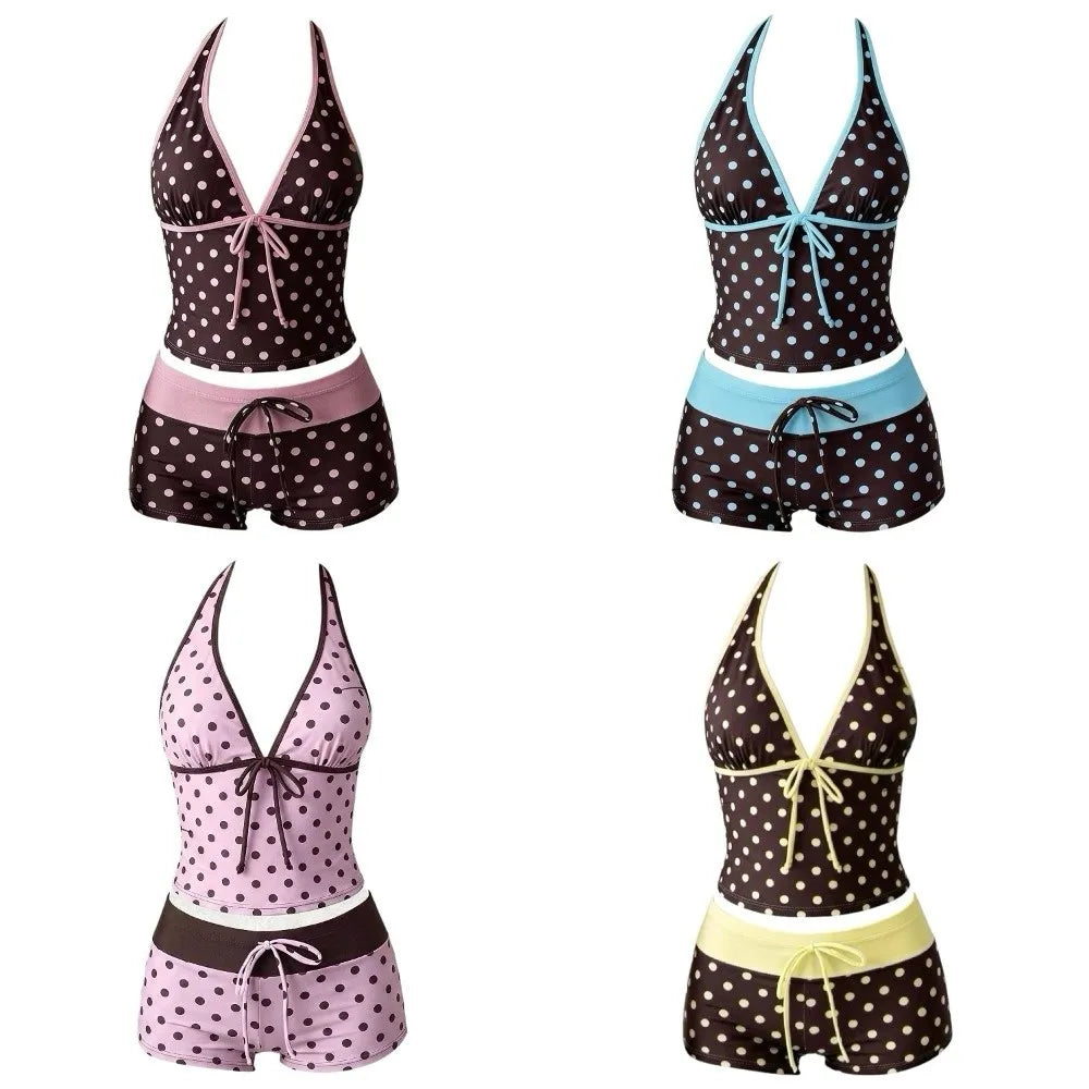 Polka Dot Halter Bikini Set – Deep V Lace-Up Low Waist Swimwear Halter Bikini Set Axl