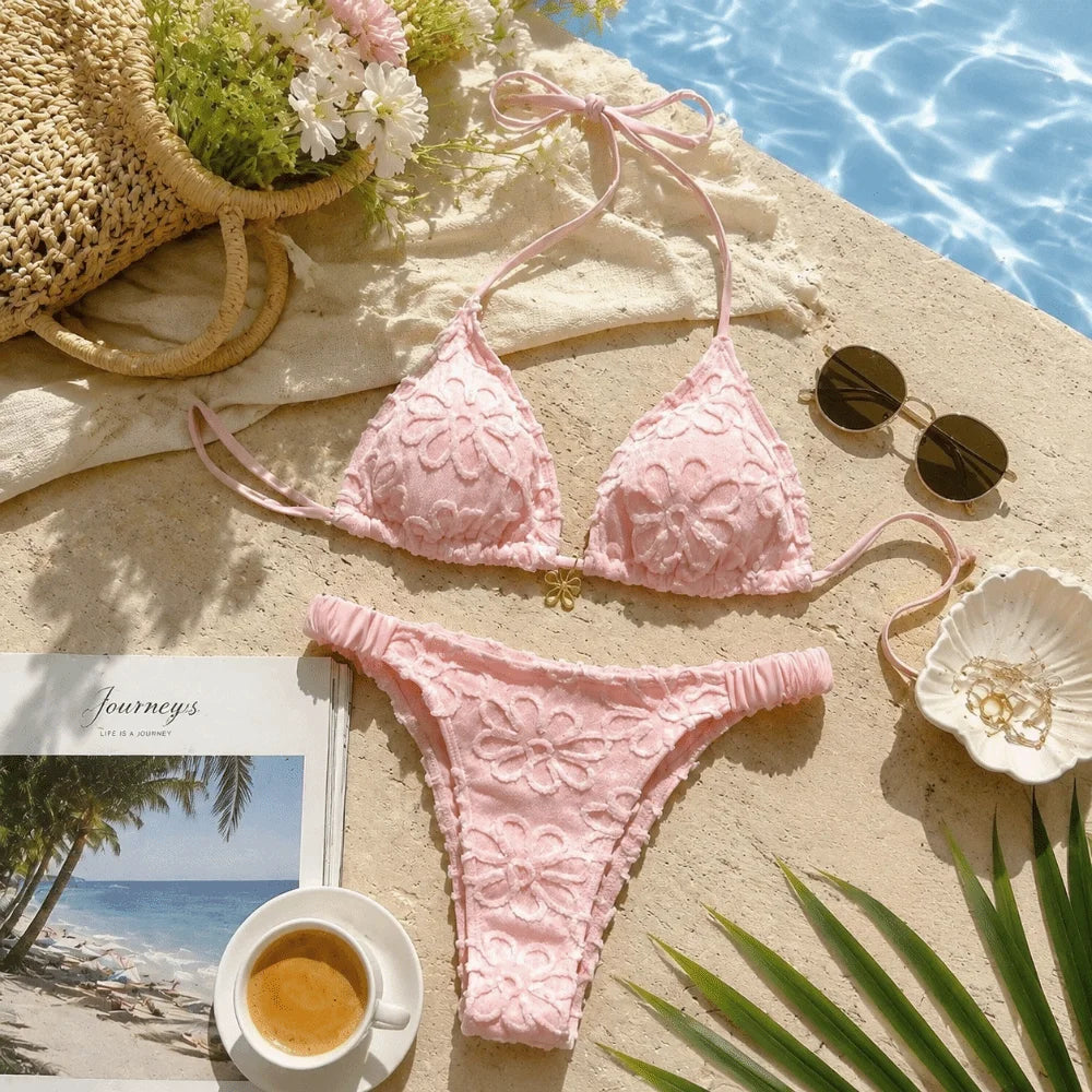 Two-Piece Halter Bikini Set – Deep V Lace-Up Floral Swimwear Halter Bikini Set Axl