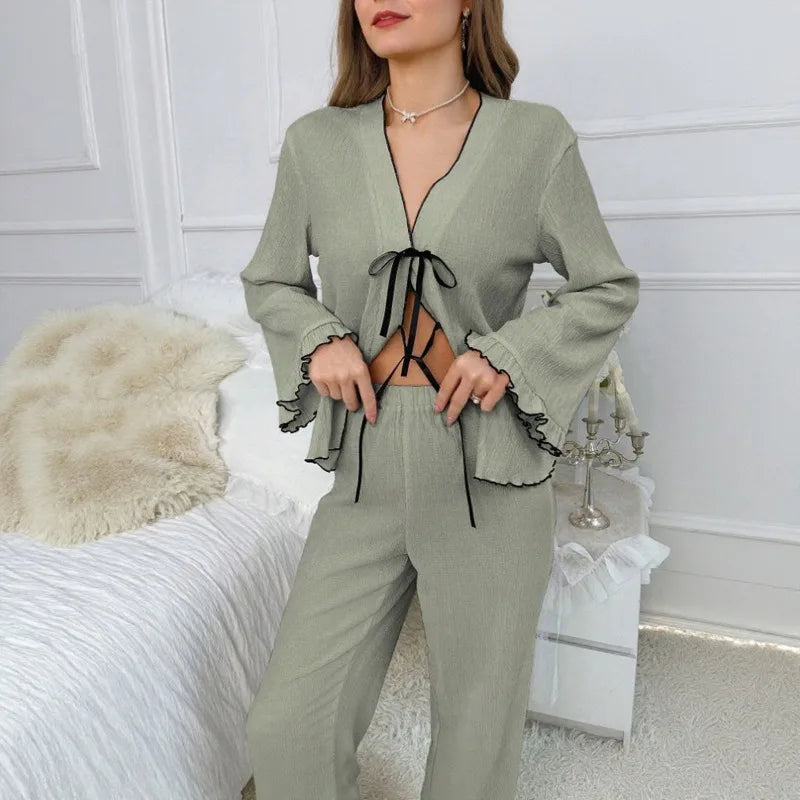Women's V-Neck Pajama Set – Long Sleeve & Pants Loungewear Women's Pajama Set Axl