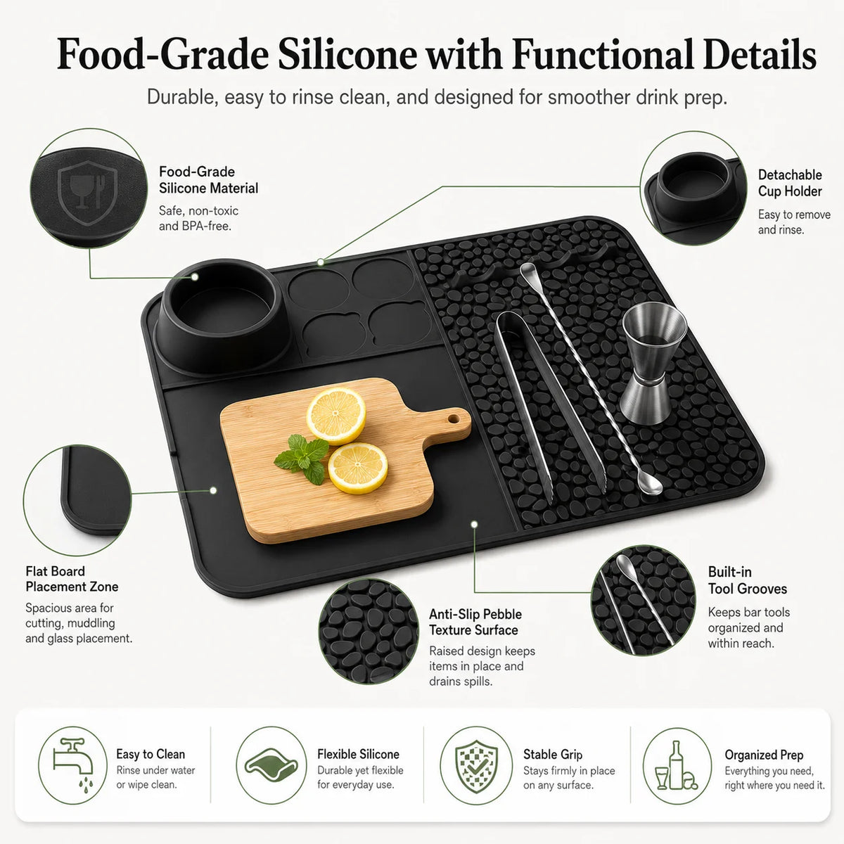 Heavy Duty Silicone Bar Mat – Non-Slip Draining Cocktail Pad Silicone Bar Mat Axl
