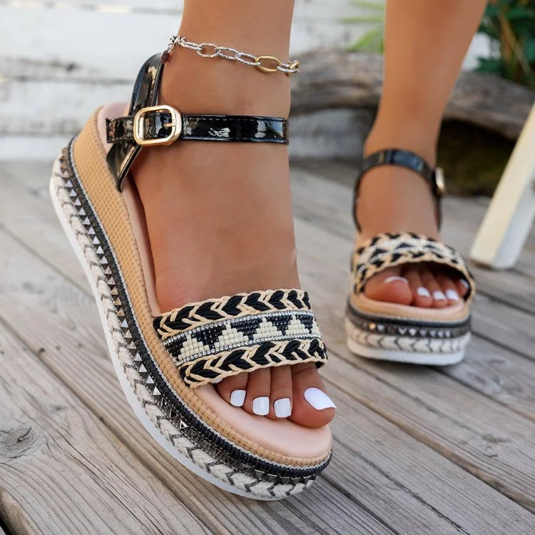 Women's Plus Size Rivet Wedge Sandals Gold Ankle Strap Platform Wedge Platform Sandals Axl 40 KJ23black