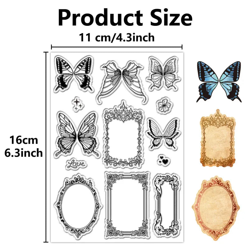 ATC Frames Clear Stamp – Vintage Butterfly & Flowers Journaling Clear Silicone Stamp Axl AECH04-05476