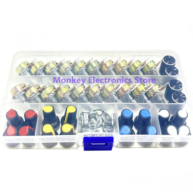 40PCS WH148 Rotary Potentiometer Kit B5K-B100K + 20 Knobs Potentiometer Kit Axl