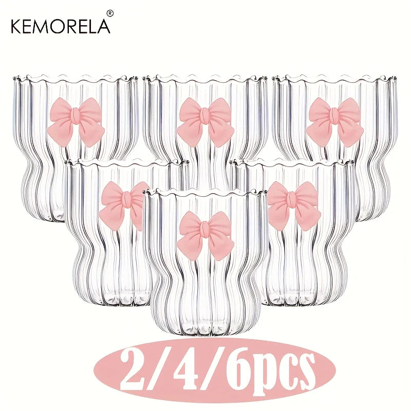 KEMORELA Bow Vintage Ripple Glass Cups 350ml – Set of 2/4/6 Glass Drinkware Set Axl