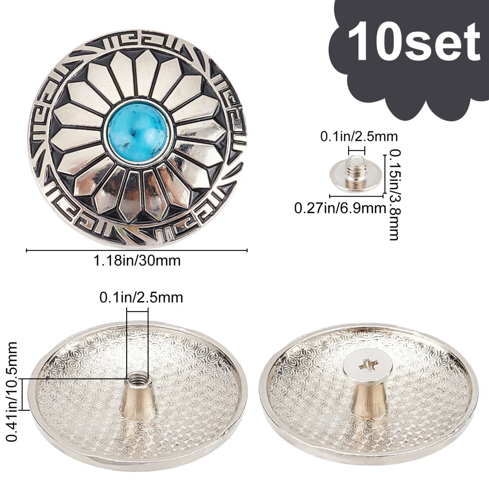10 Sets Turquoise Screw-Back Snap Buttons | Western Daisy Buckle Decorative Snap Buttons Axl AECH04-11507