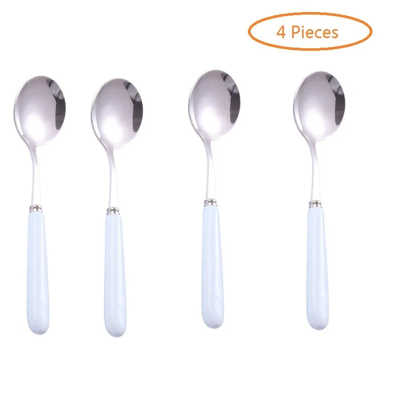 4-Piece Ceramic Handle Dessert Spoons – Stainless Steel Set Dessert Spoon Set Axl BLUE 4PCS
