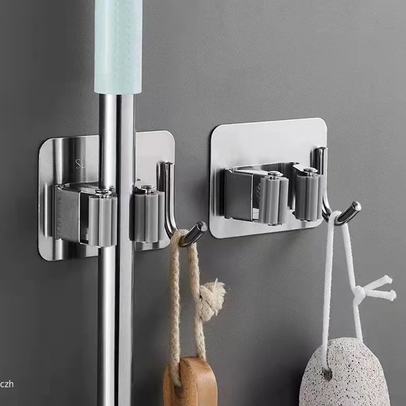 Wall Mounted Mop & Broom Holder – No-Nail Stainless Steel Wall Storage Rack Axl