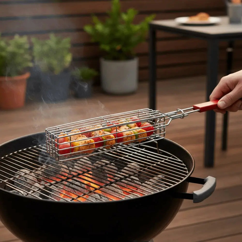 Wooden Handle BBQ Grill Basket – Nonstick Mesh Clip for Camping BBQ Grill Basket Axl