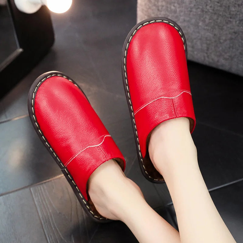 Lorilury Plush Leather Indoor Slippers – Non-Slip Slides Indoor Plush Slippers Axl Red 34-35