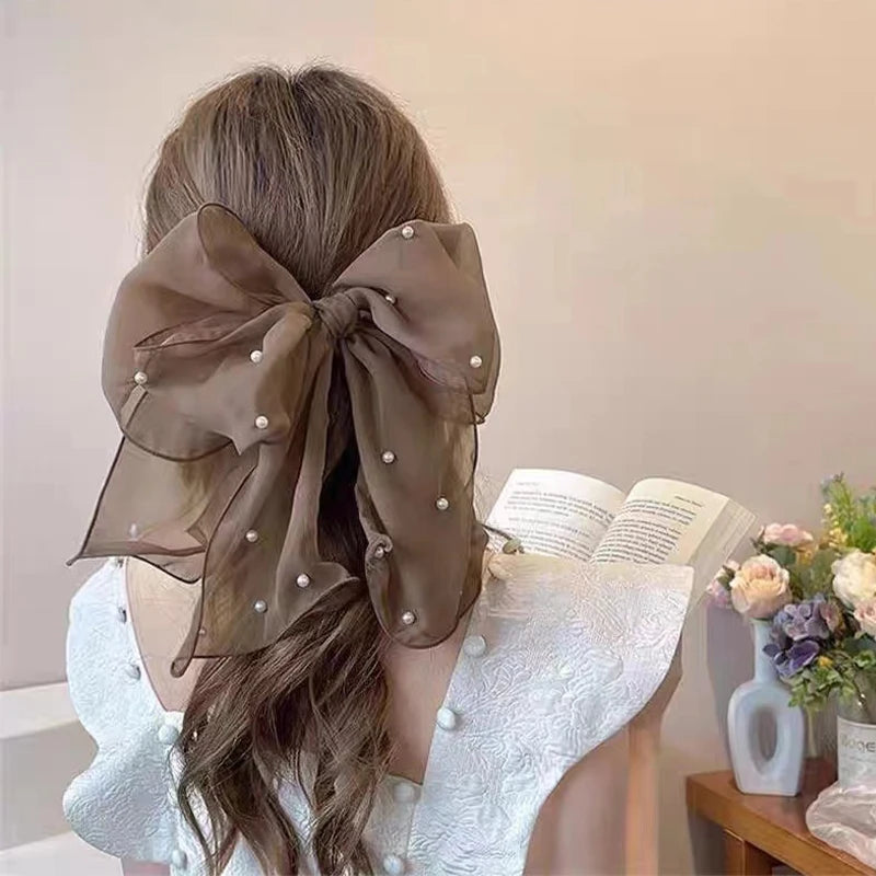 Pearl Bow Hair Clip – Elegant Chiffon Ribbon Barrette for Women Bow Hair Clip Axl Coffee