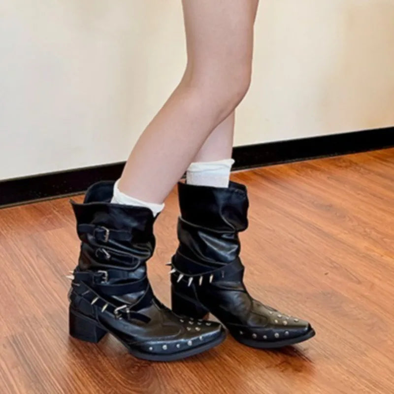 Women's Rivet Block Heel Mid-Calf Boots | Pointed Toe Buckle Women's Mid-Calf Boots Axl