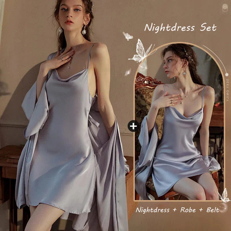 Satin Robe & Nightdress Set – 2-Piece Faux Silk Kimono Sleepwear Satin Robe Set Axl Light Purple Suit L