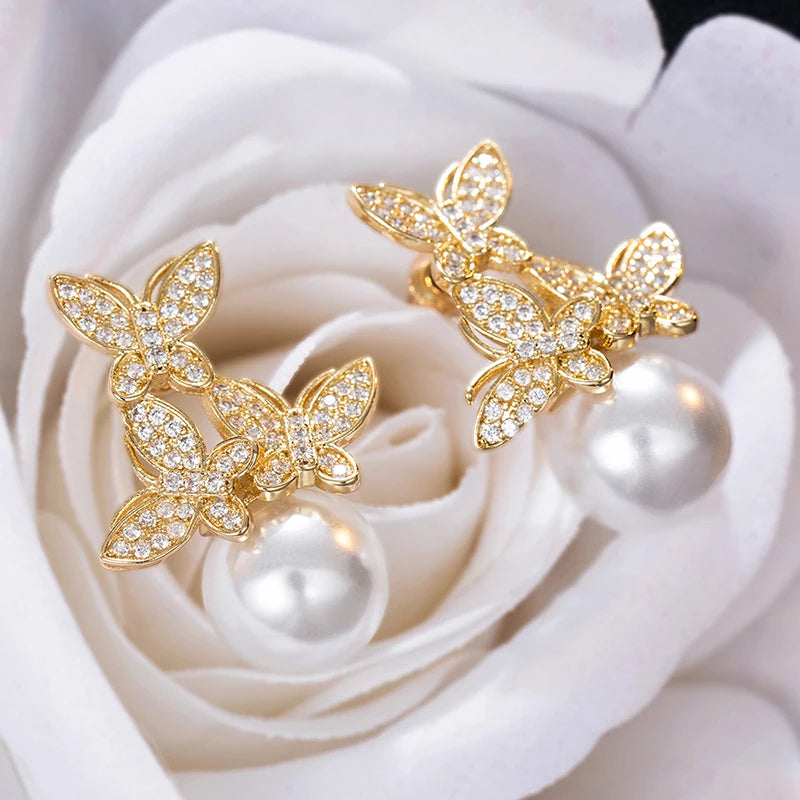Huitan Butterfly Drop Earrings – CZ & Pearl Wedding Jewelry Drop Earrings Axl