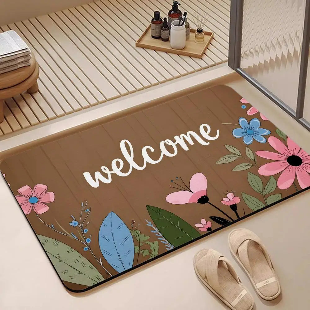 Diatomite Bath Mat – Floral Welcome Sign, Quick Dry & Non-Slip Diatomite Bath Mat Axl