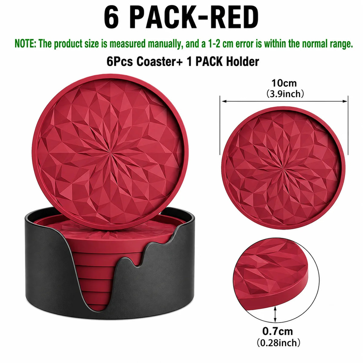 6-Piece Silicone Coasters with Holder – Non-Slip & Heat Safe Silicone Coaster Set Axl 6 PACK-Red