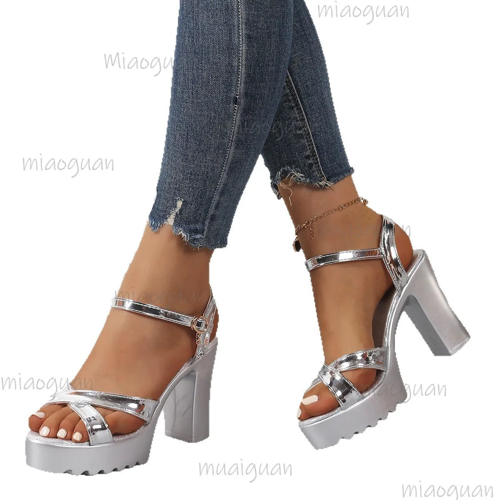 Women's Diamond Buckle Gladiator Platform High Heel Sandals Platform Heel Sandals Axl