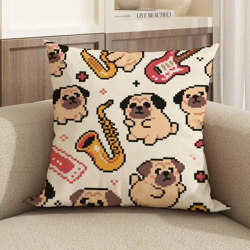 Pug Cartoon Linen Cushion Cover | Sofa, Bed & Chair Pillow Decorative Cushion Cover Axl White6 30X30cm