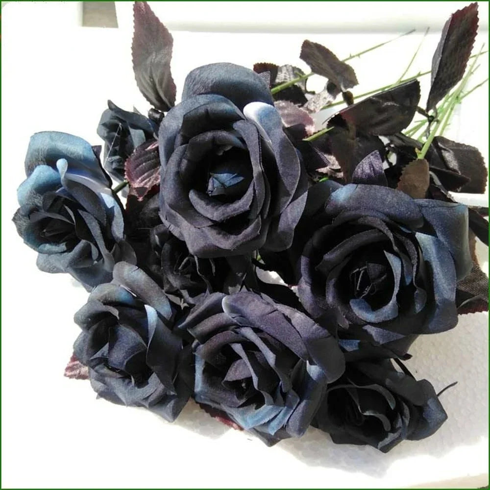 Black Artificial Roses Set of 5 – Gothic Halloween Wedding Decor Artificial Flowers Axl