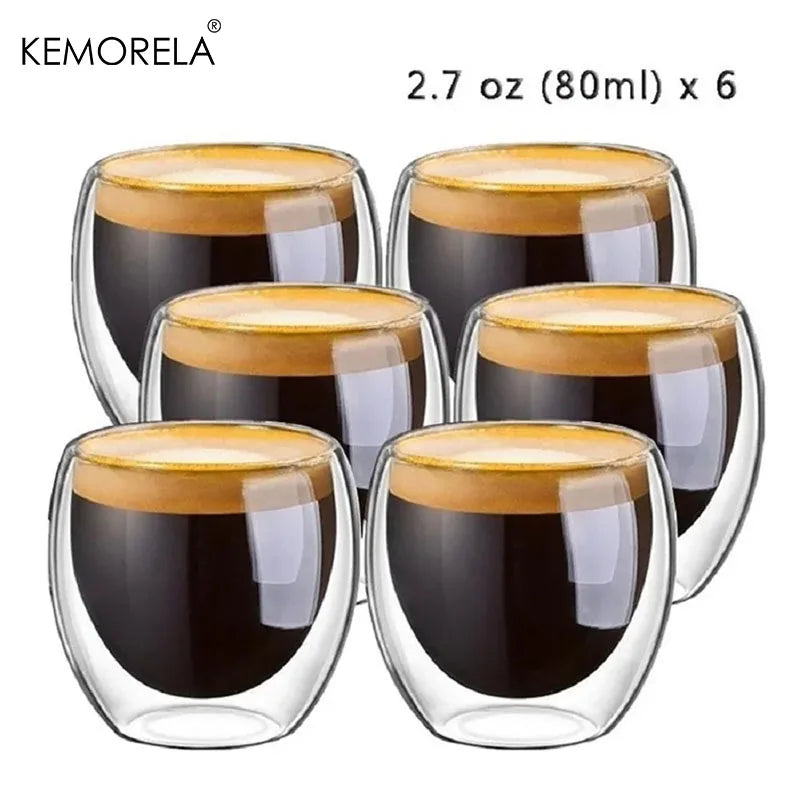 6-Pack Double-Wall Borosilicate Espresso Glass Cups 80ml Glass Espresso Cups Axl
