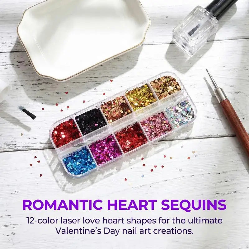 Laser Nail Glitter Set – Heart & Star 12-Color Holographic Nail Art Glitter Axl