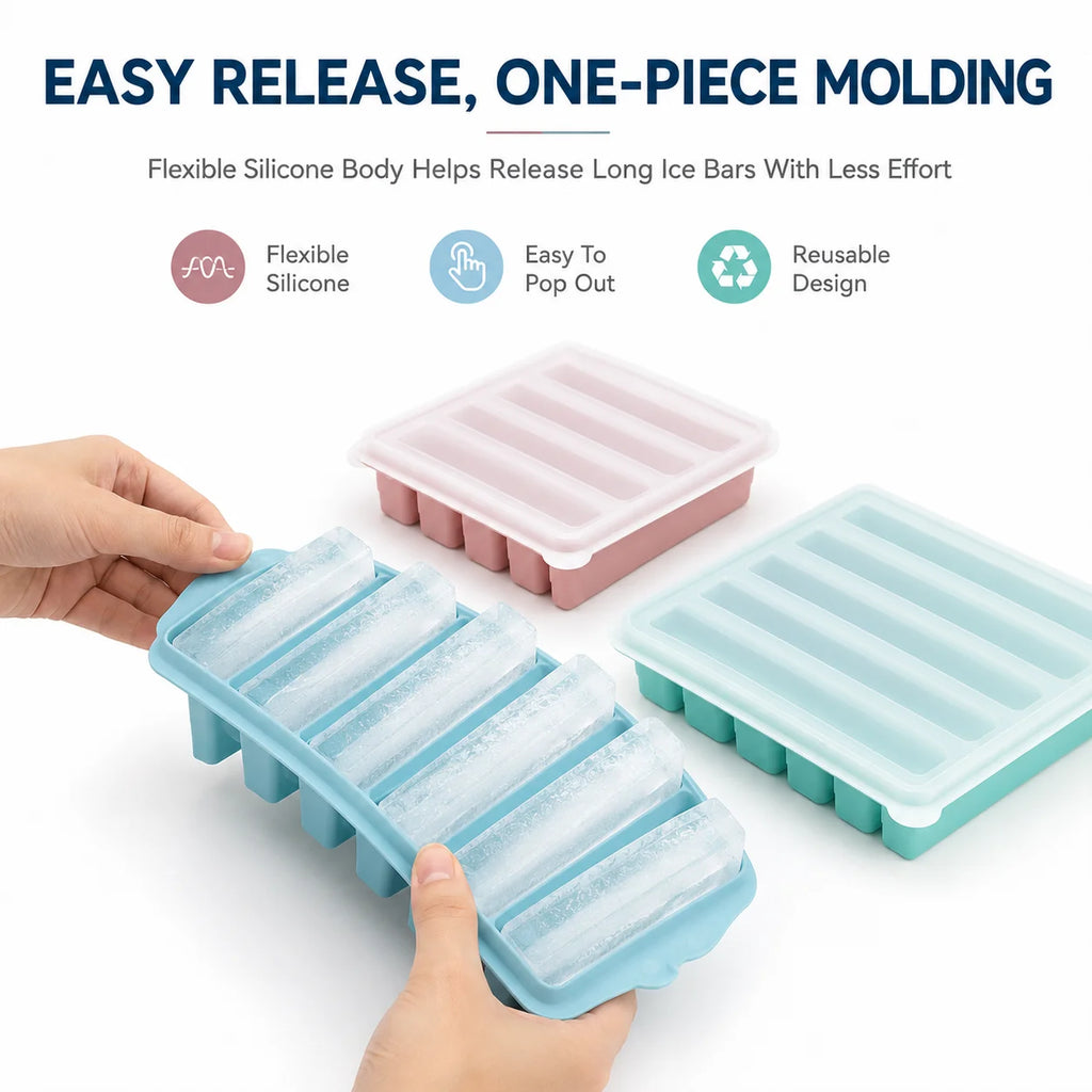 3-Piece Silicone Long Ice Cube Tray Set with Lids | Ice Stick Maker Silicone Ice Tray Set Axl