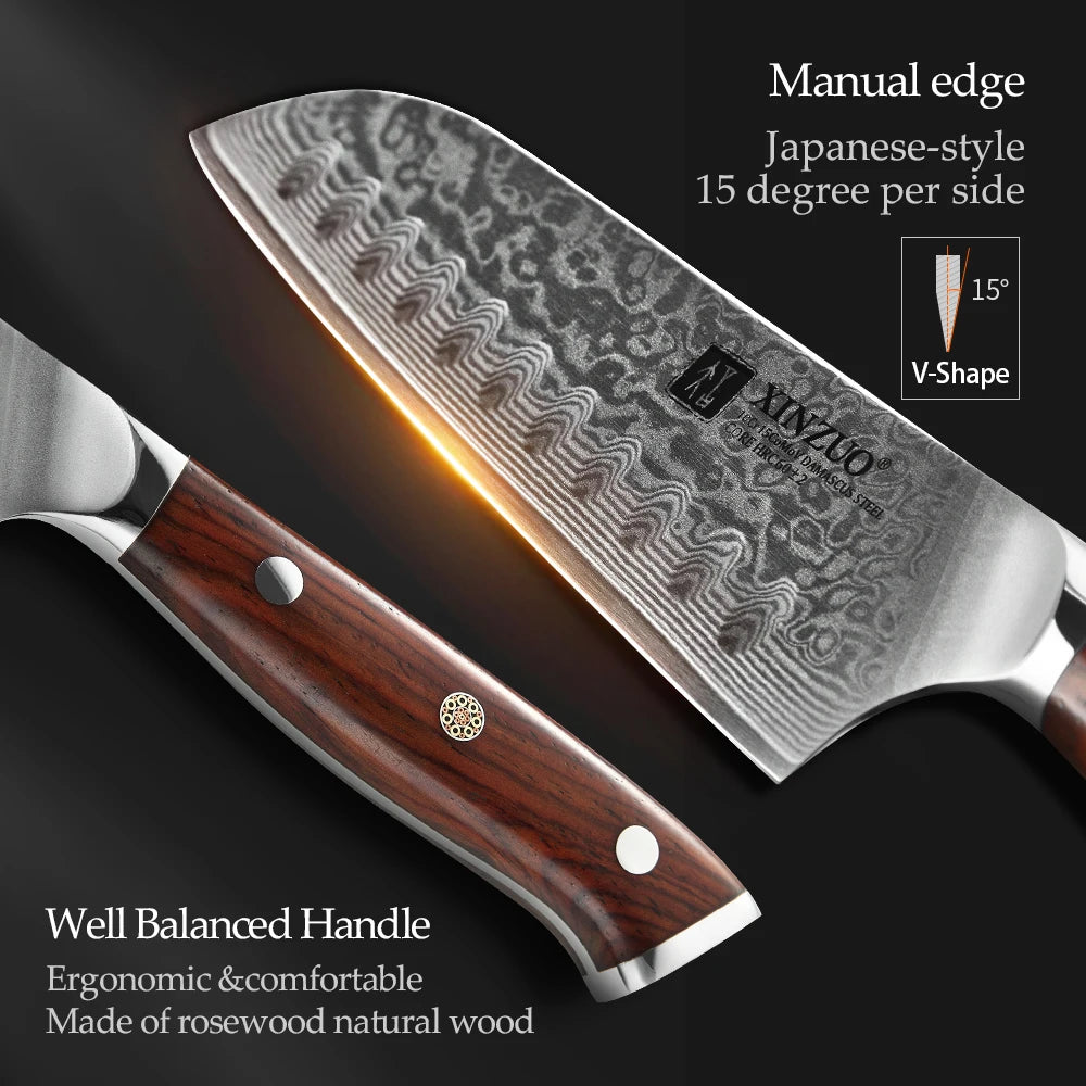 XINZUO 5" Damascus Santoku Knife – 67-Layer Rosewood Handle Damascus Kitchen Knife Axl