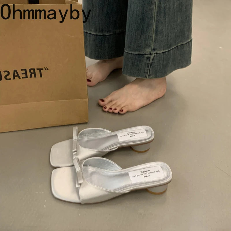 Women's Open Toe Square Heel Slides – Butterfly Knot Summer Sandals Heel Slide Sandals Axl