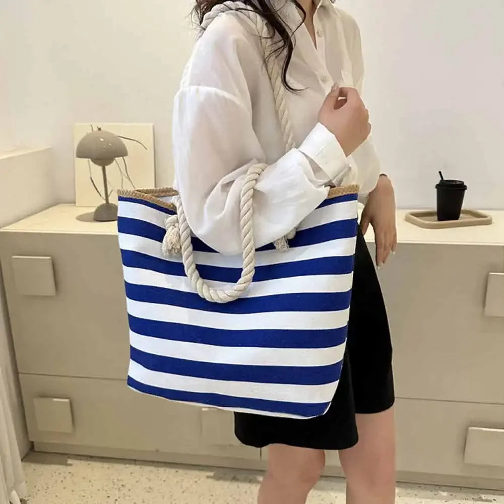 Women's Striped Canvas Tote Bag – Beach & Everyday Handbag Canvas Tote Bag Axl