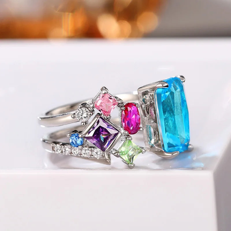 Huitan Geometric Colorful CZ Women Ring – Resizable Bridal Fashion CZ Ring Axl