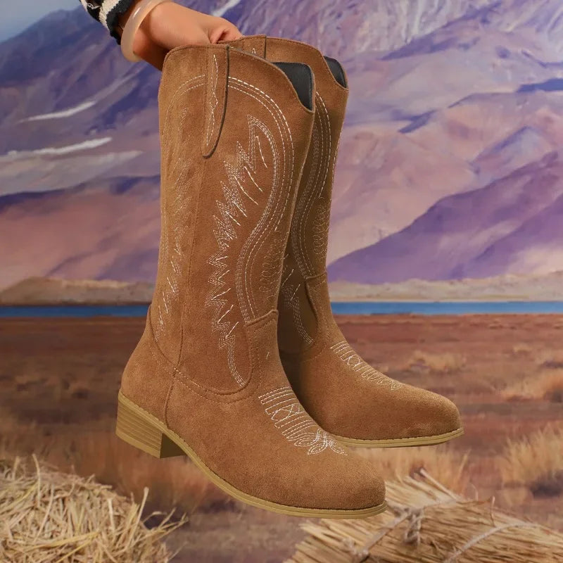 Women's Western Embroidered Mid-Calf Boots | Retro Square Heel Mid-Calf Boots Axl