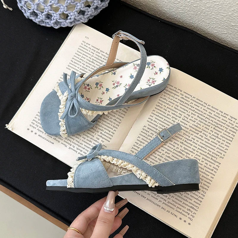 Women's Wedge Sandals – Butterfly-Knot Ankle Strap Open Toe Wedge Sandals Axl Blue 36