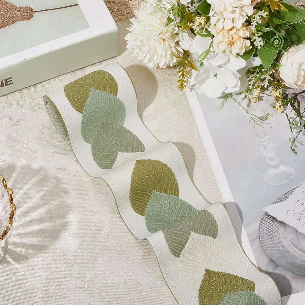 Olive Jacquard Leaf Ribbon 73mm – 3M Polyester Woven Trim Jacquard Ribbon Trim Axl