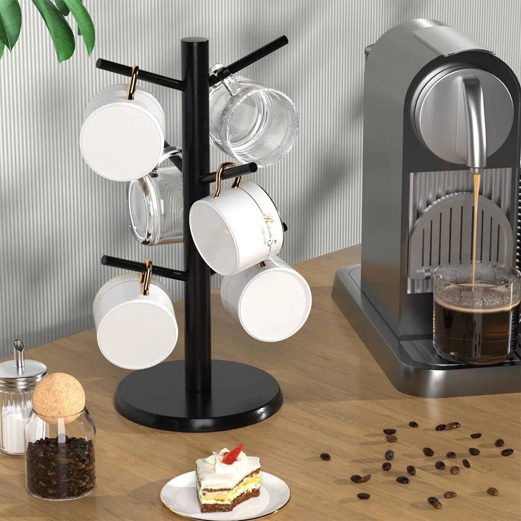 Bamboo Mug Tree Stand – 6-Cup Space-Saving Kitchen Organizer Mug Tree Stand Axl