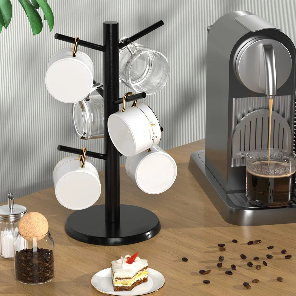 Bamboo Mug Tree Stand – 6-Cup Space-Saving Kitchen Organizer Mug Tree Stand Axl