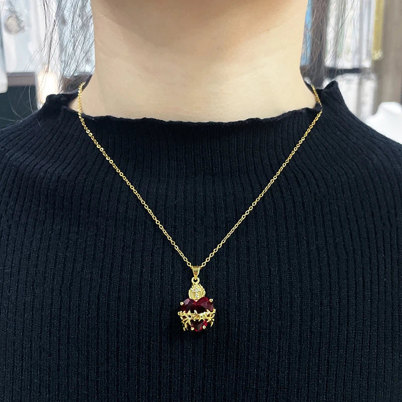 Jesus Cross Choker Necklace – Red Zircon Heart Pendant Women Pendant Necklace Axl