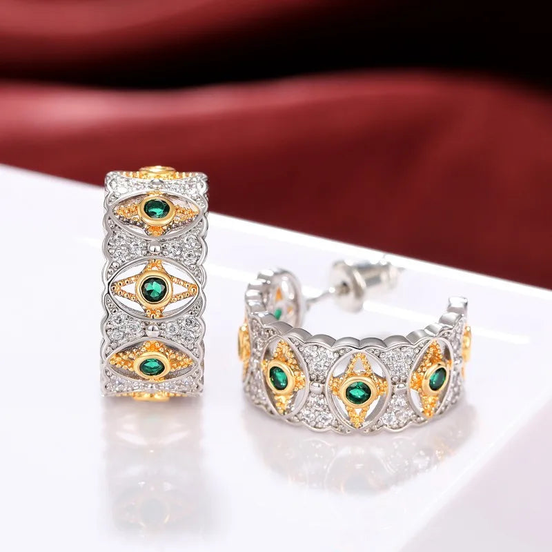 Huitan Two-Tone Hoop Earrings – Green & White Cubic Zirconia Hoop Earrings Axl