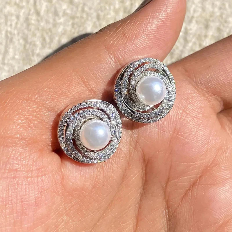 Huitan Pearl & Cubic Zirconia Stud Earrings for Women Stud Earrings Axl