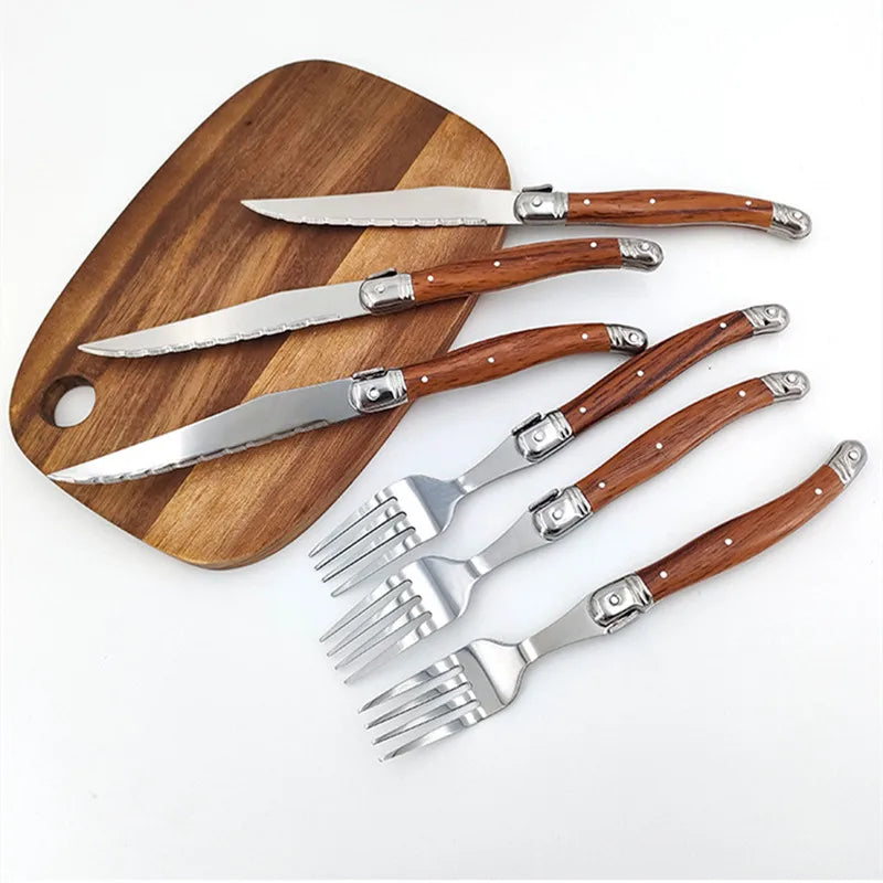 6pc Laguiole Steak Knife & Fork Set – Wood Grain Handle Steak Knife Fork Set Axl
