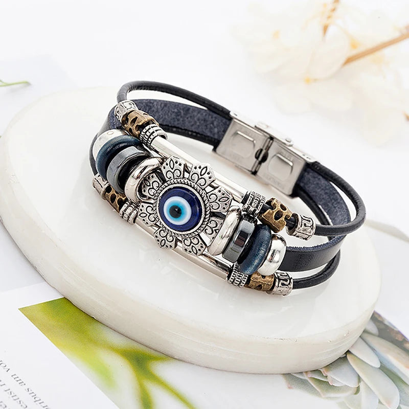 Turkish Nazar Lucky Eye Multilayer Leather Bracelet for Women Leather Charm Bracelet Axl