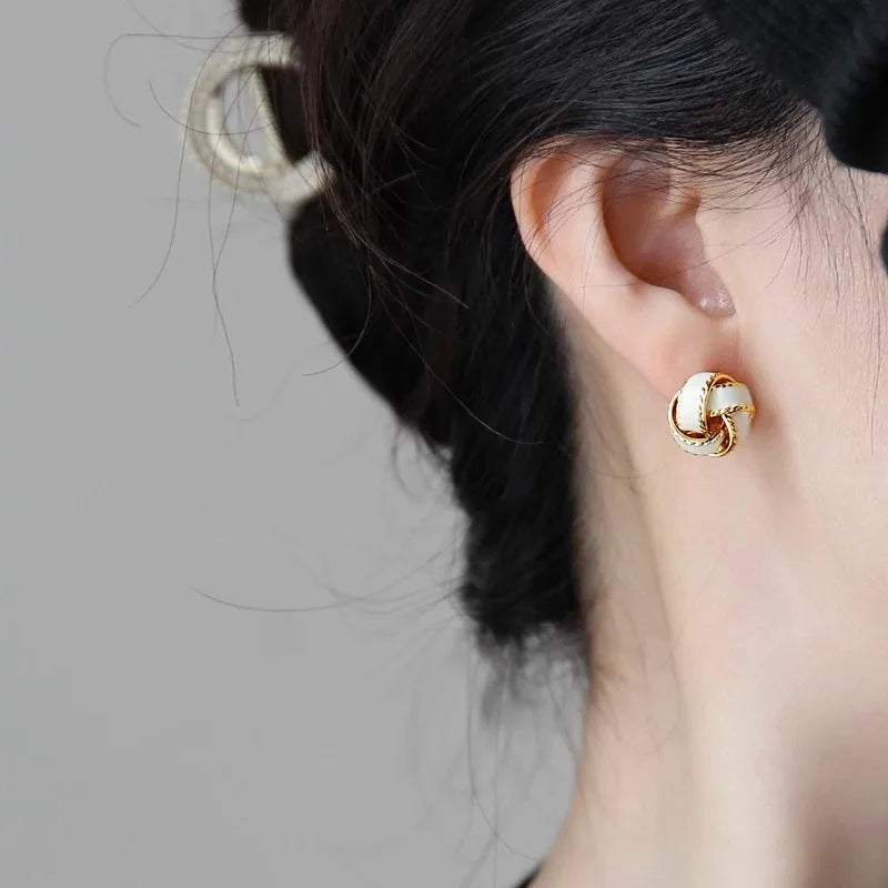 Huitan White Enamel Knot Stud Earrings – Gold Tone Women Stud Earrings Axl