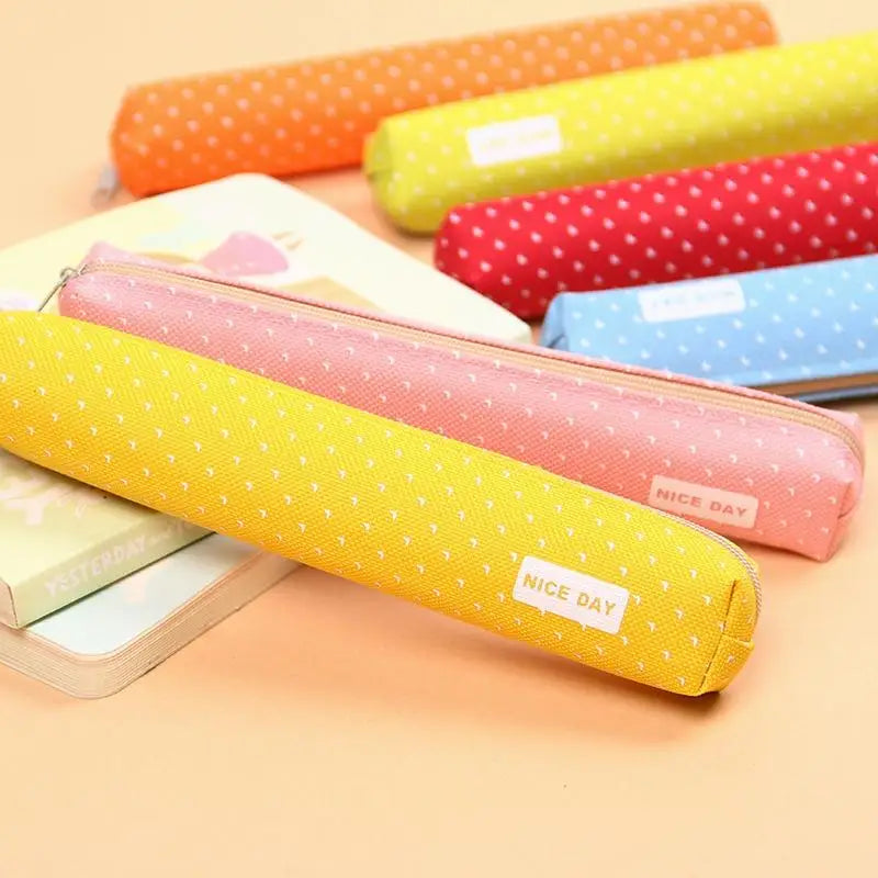 Kawaii Canvas Zipper Pencil Case – Cute Dot Stationery Bag Canvas Pencil Case Axl