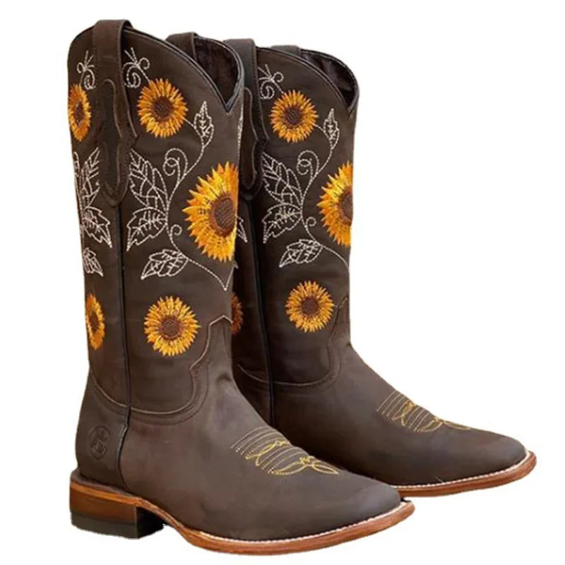 Women's Embroidered Knee-High Winter Boots | Brown Slip-On Knee-High Boots Axl
